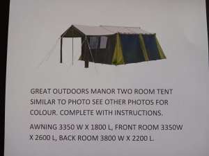 TENT, CANVAS WITH WATERPROOF FLOOR, TWO ROOM WITH AN ADDITIONAL AWNING