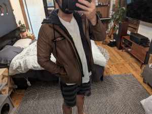 Connor brown leather jacket with hood (mens S)