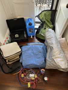 Camping gear, queen air mattress, cooler, Hubboards wetbag, and more!