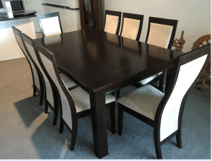 Dining table & 8 chairs 2 sleeves, 1350 extends to 2100, 110wide