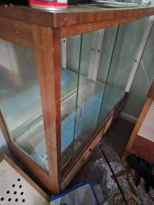 1960s glass cabinet with glass shelf and two drawers