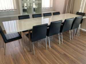 10 Seater Gloss White & Stainless Steel Dining Table, extends to 3.2 m