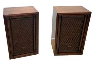 1970 AKAI SW-150 Lattice front 12in 3 way walnut speakers Restd w WTY