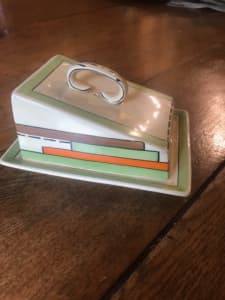 Myott and Son Art Deco hand-painted butter dish, rare pattern & design