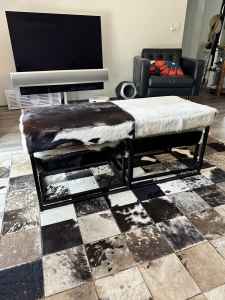 Cow Hide and Wrought Iron coffee table and foot stools