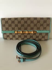 Authentic Gucci Turquoise Leather GG Canvas Bamboo Pochette Bag