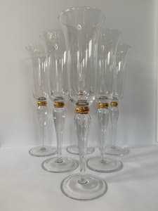Vintage Champagne Glasses - 24cm High - Set of 6 with Gold Stem Accent