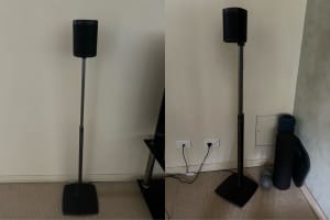Sonos One SL x2 stereo pair w/ tall hi-quality sanus stands, excellent