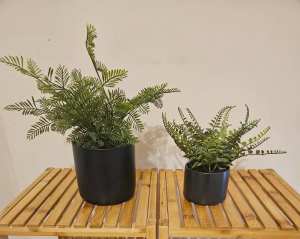 Two artificial plants in black pots