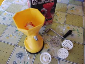 Vintage Retro 70s Yellow Plastic Meat mincer and pasta maker Unused