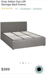 King size gaslift storage bed frame grey cloth in great condition