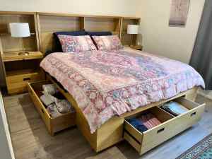 King size bed frame, mattress, bedside tables & hutches