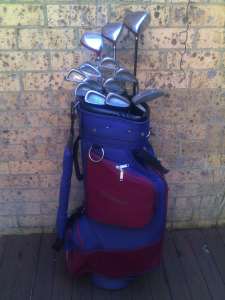 Reduced price: 3 matched woods, matched irons with immaculate bag