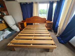 Solid Wood Queen Bed Base with Bed Head and Two Bedside Table