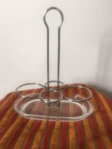 Glass and metal bathroom or kitchen bottle holder stand