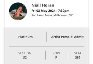 Niall Horan Concert Melbourne Night 1 | 03/05/24 | one ticket