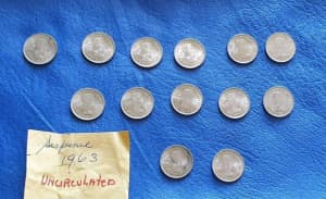 13 Uncirculated 1963 Australian silver sixpences 92.5% silver 