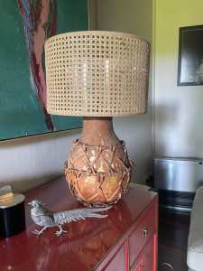 Vintage 70s gourd lamp with new rattan style shade