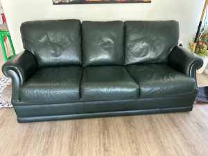 Mid Century 3 Seater Dark Green Leather Lounge