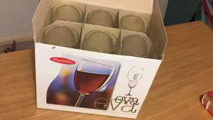 NEW boxed wine glasses (6), yours for just $15 from Conder