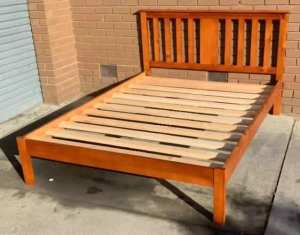 low end timber queen bed with mattress, $280