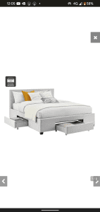 Queen bed frame grey fabric with drawers - mattress sold separately