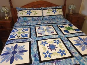 Quilt Hand-made. Quilt Set - Blue Beauty. Queen size & pillowcases.