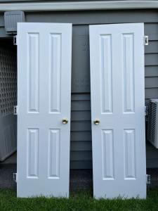Internal painted white wardrobe wooden doors with gold doorknob (x 2)