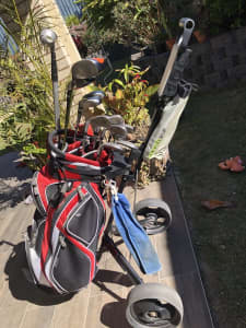 Golf bag, trolley and clubs