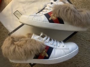 GUCCI New Ace Lamb Fur Lace Up Sneakers White-US