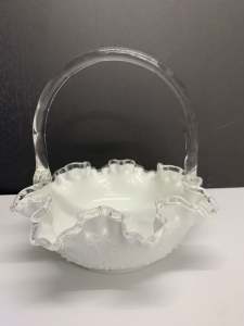 Fenton Milk White Glass Basket 21cm H x 21cm W.