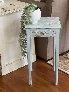 Shabby Chic Blue Plant Stand with Floral Flair