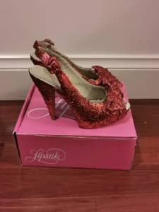 Red Glitter peep to platform heels