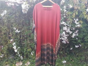 Women's red, silk party dress. One size fits all. Up to size 24