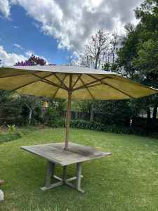 Large Square teak outdoor dining table & umbrella