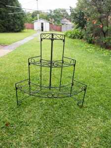 86cm Ornate Black Metal Tiered Plant Stand. Good Condition.Carlingford