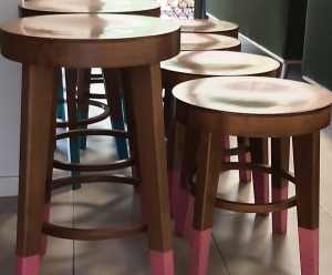 COMMERCIAL GRADE, 4 FAMEG UFO Bentwood Pink Dipped Low Stools.