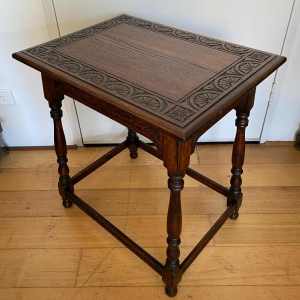 Antique English Oak Lamp Hall Table / c1890 / Carved Detail
