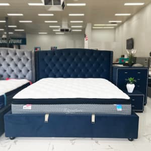 ON SALE Georgia Blue & Dark Grey Velvet Gas Lift Bed Frame Q$850 K$890