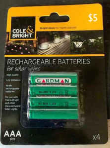 rechargeable batteries, aaa $5/pack, aa $10/pack