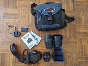 Canon 760D camera, 3 lenses, camera bag, 2 batteries, charger, manuals