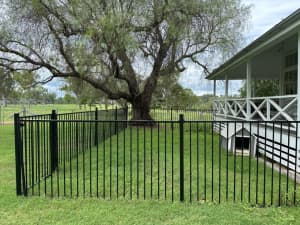 Black metal panels, posts and gate fencing kit