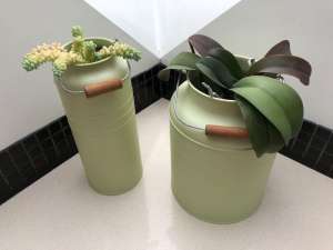 Set of 2 pistachio green milk can style aluminium planters
