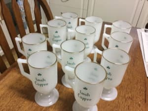 Eleven Milk Glass Irish Coffee Pedestal Mugs (Gold Rimmed)
