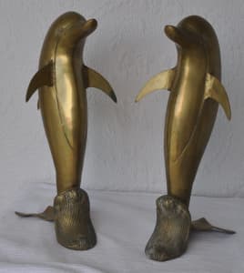 2 antique brass XL dolphins, $110 ea or both for $200
