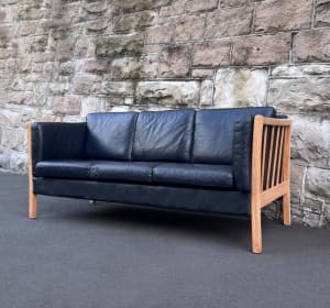 Danish Sofa 3 Seat Black Leather and Oak Century Lounge Vintage Couch