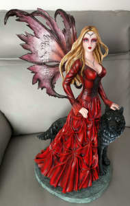 Red Dressed Fairy with Black Wolf