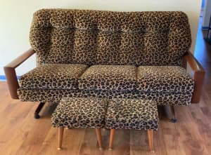 Vintage Leopard Print 3 Seat Sofa and 2 x Foot Stools