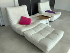 Italian designer quality full leather white lounge sofa & ottoman set