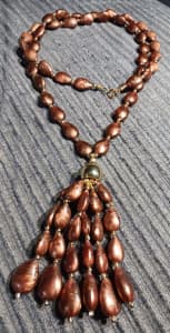 Vintage Gold-tone & Bronze / Brown Tassel Beads / Necklace